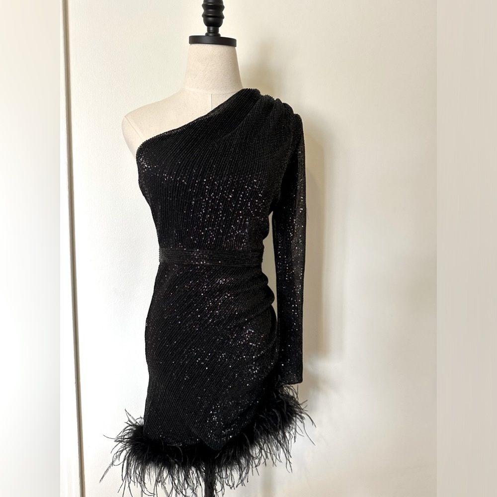 Lavish Alice Blakely Black Feather-Trimmed Sequined Minidress NEW Size 4